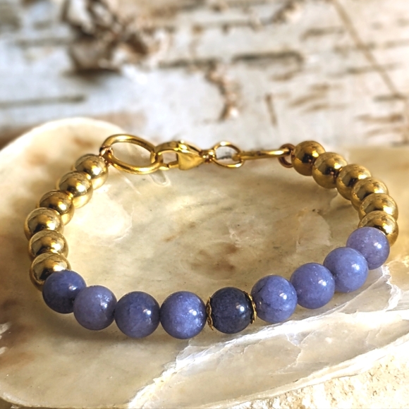 Natural Lavender Purple Jade & Gold Balls In Half And Half Beaded Bracelet - Picture 1 of 5